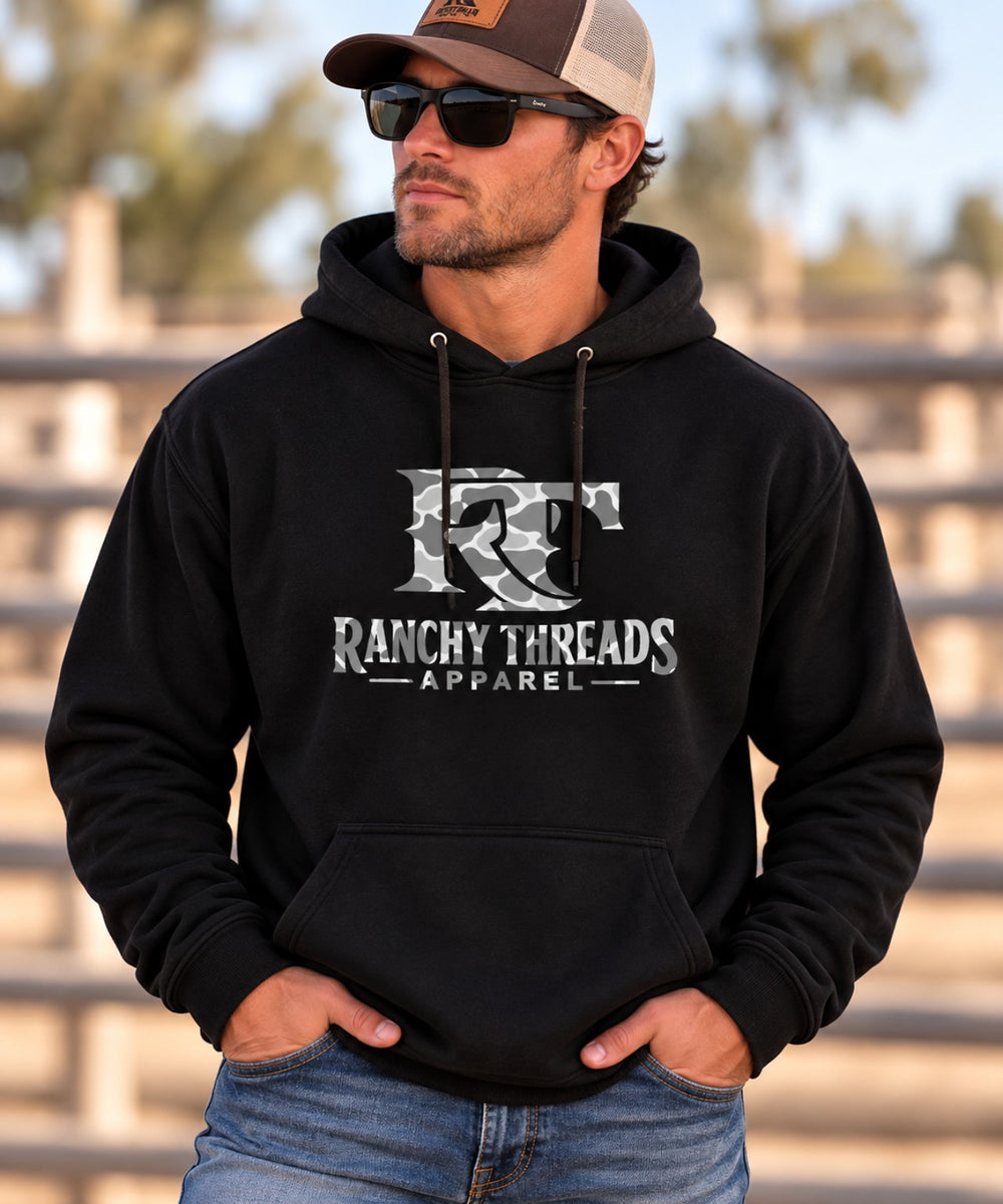Grey Duck Camo logo on black hoodie