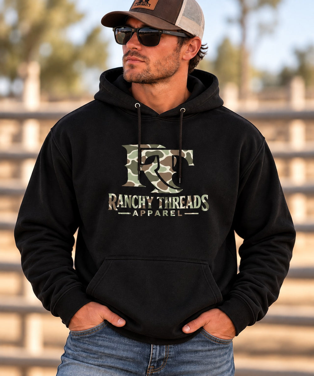 Green Duck Camo logo on black hoodie