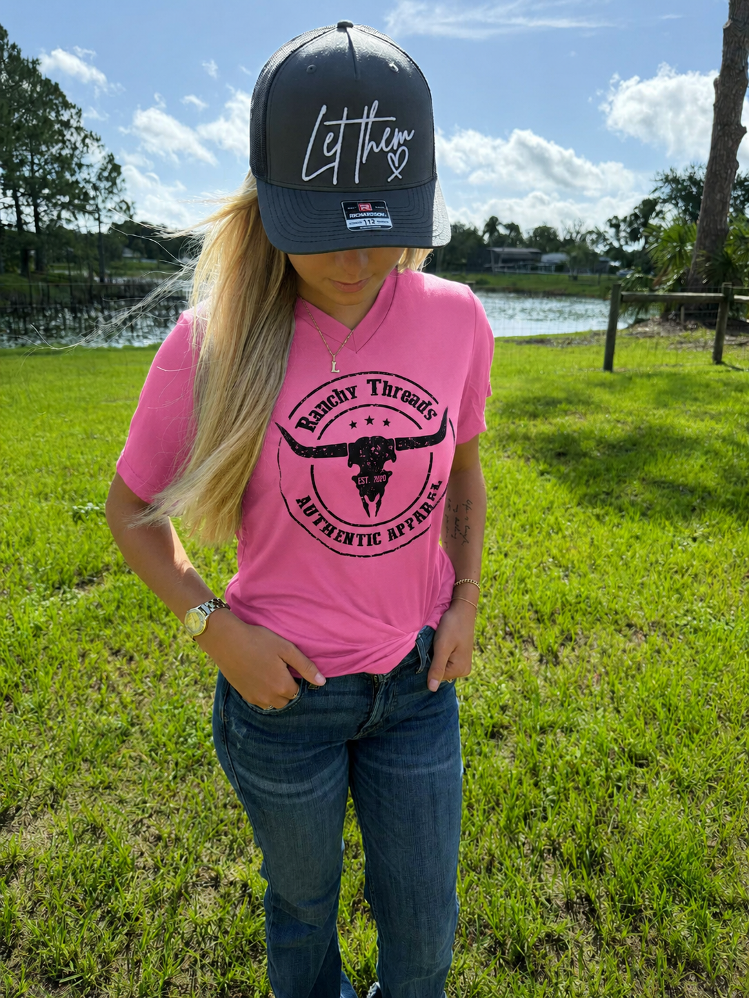 Ranchy Threads Bull skull Dri-Fit v neck black with hot pink logo